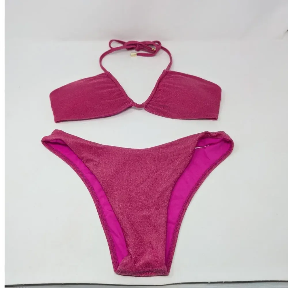 Monday Swimwear Pink Metallic Shimmer Bikini Set Small High Cut Halter